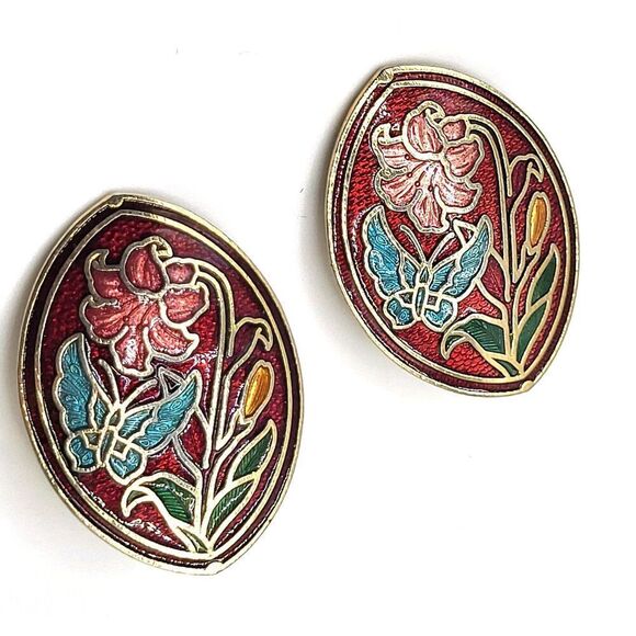 Vintage 90s Cloisonne Iris Butterfly Earrings Clip On 1.25in - Picture 1 of 3